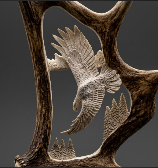 Decorative antler carving on a moose shed, with an eagle and trees against a dark background