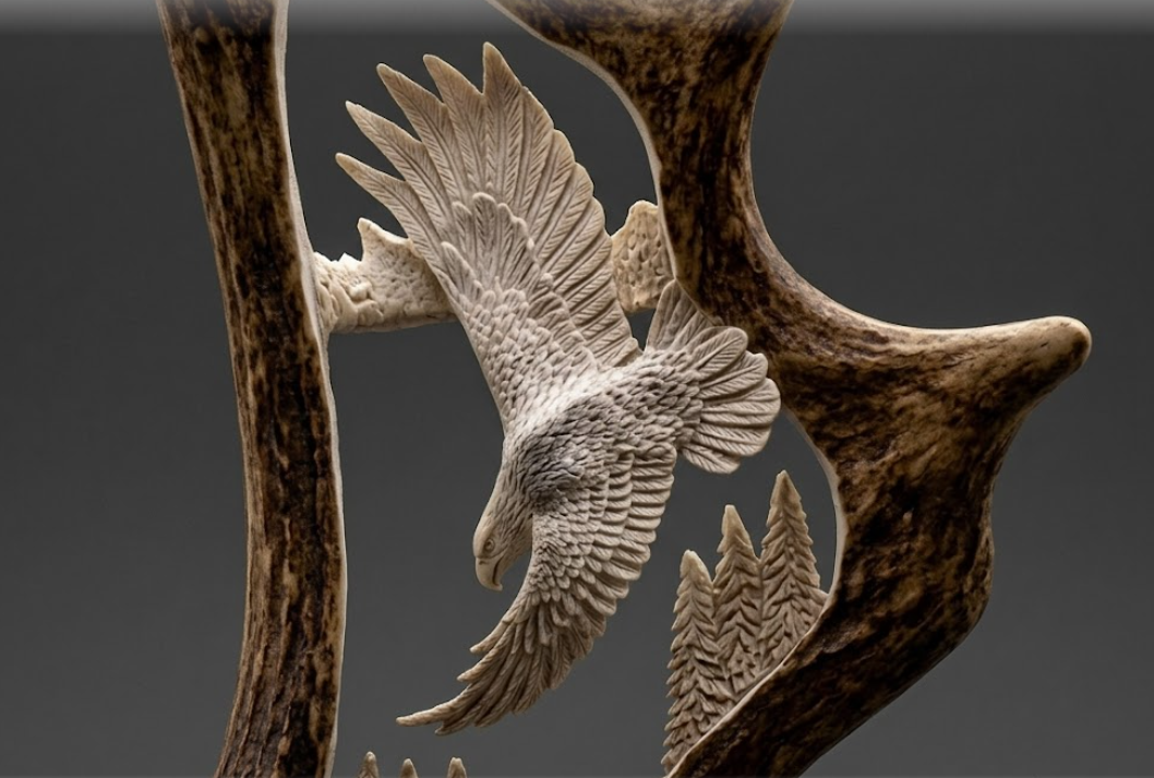 Decorative carving of an eagle with a gray background