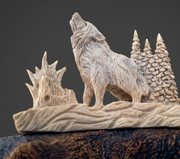 Wolf sculpture antler carving howling and making beautiful music.