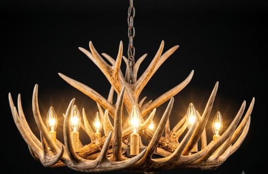 faux deer Antler chandelier with multiple lights on a dark background
