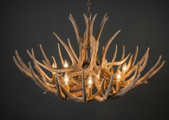 faux deer Antler chandelier with glowing lights on a dark background
