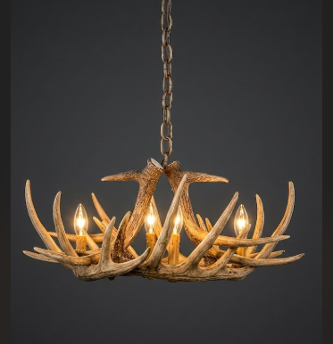 Faux deer Antler chandelier with four lights on a dark background