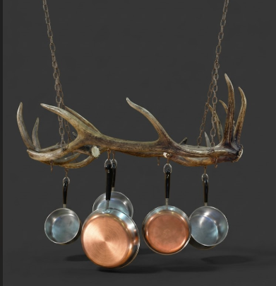 Decorative hanging shelf with antlers and pots on a dark background