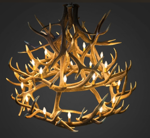 faux Antler chandelier with multiple lights on a dark background
