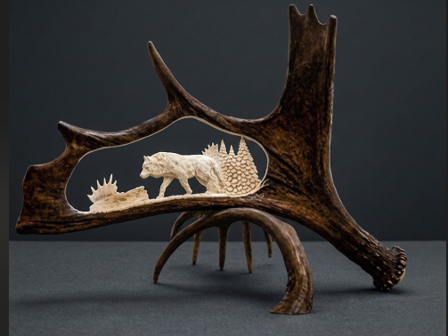 Decorative piece with antlers featuring a carved wolf and landscape on a dark background