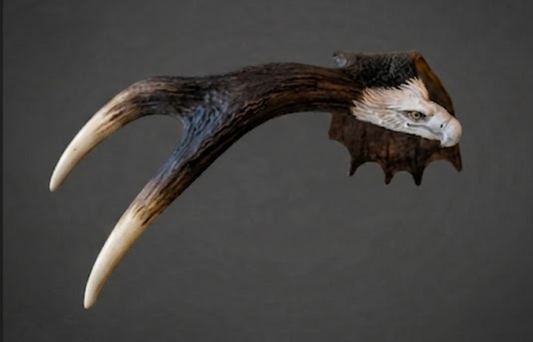 Decorative animal head with large curved horns on a dark background