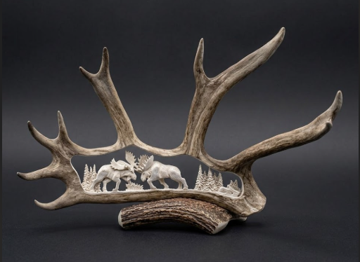 Decorative antler carving with carvings of two moose in a forest on a dark background