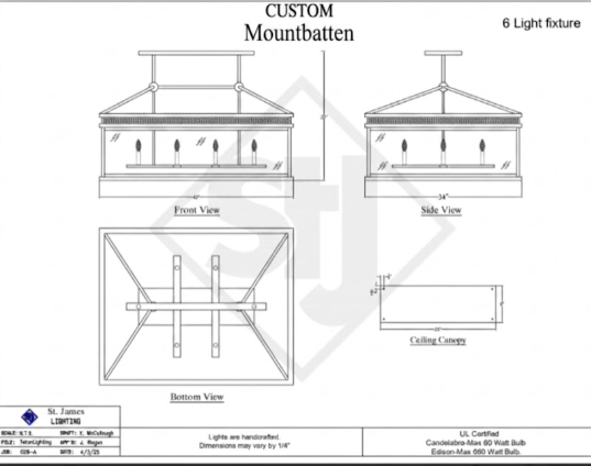 $1875, 42" L x 34"W, Quote 4422, 029-A, 4/25 Technical drawing of a custom Mountbatten chandelier with front, side, and bottom views.