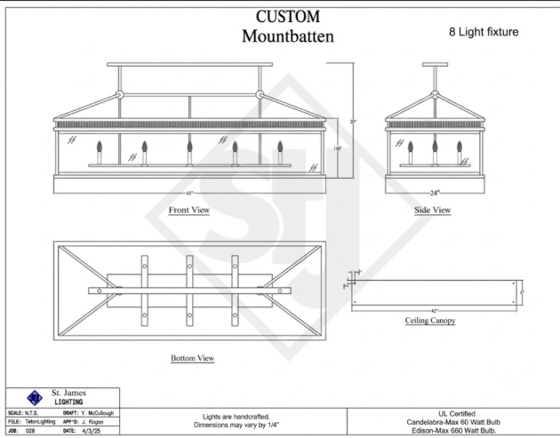 $2950, 66" L x 24"W, Quote 4422,029-, 4/25 Technical drawing of a custom mountbatten with dimensions and views