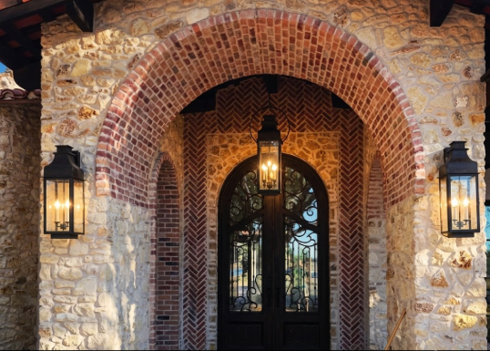 Decorative stone archway with a dark glass door and entryway foyer lights on a rock wall and a hanging pendant foyer light lit up.