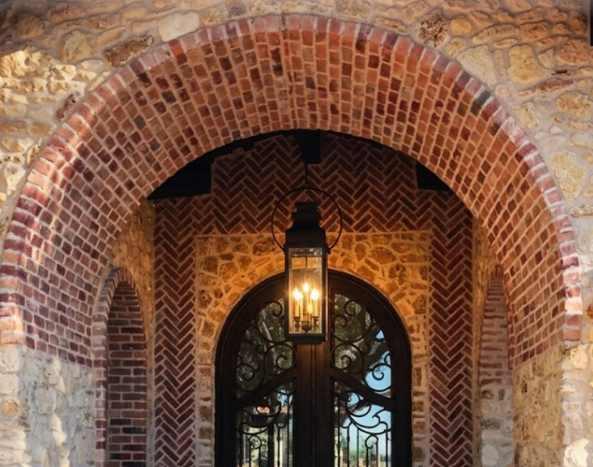Brick archway with a decorative black glass pendant light lantern hanging from it