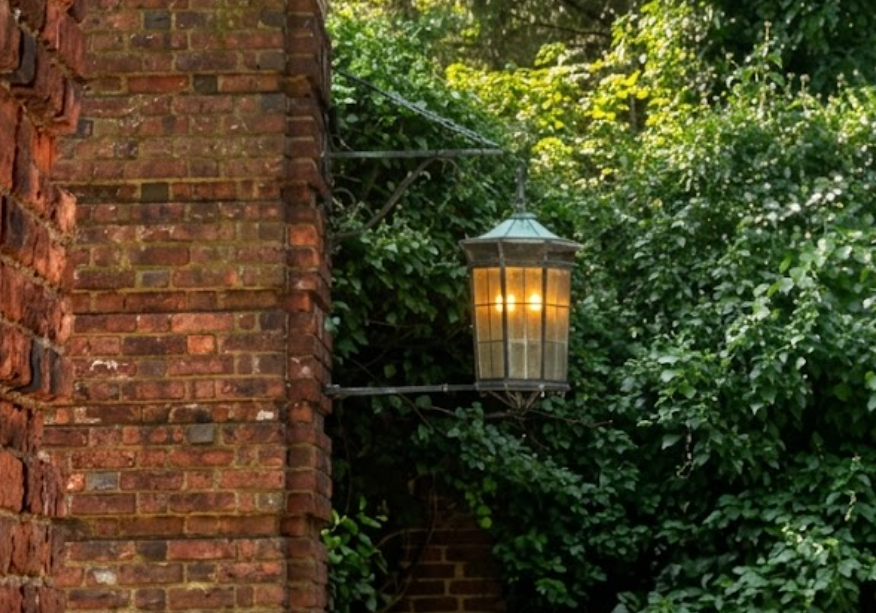 Decorative outdoor black foyer entryway light attached to a brick wall with greenery in the background.