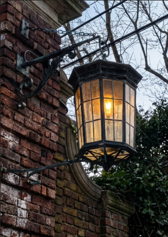Decorative outdoor black foyer entryway light attached to a brick wall with greenery in the background and lit up.