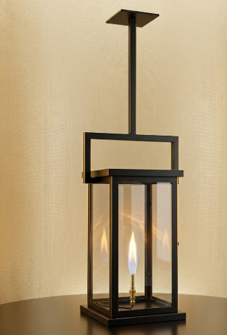 Decorative black lantern with flames on a beige background