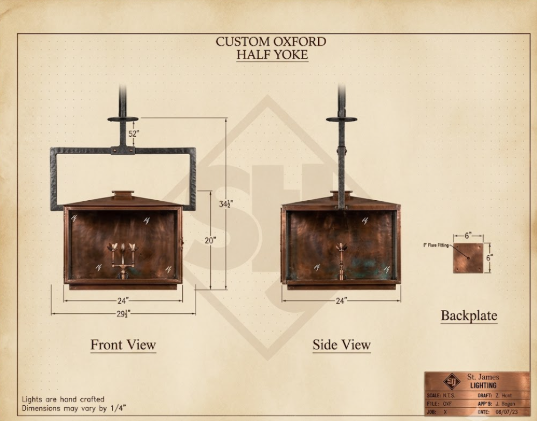 Technical drawing of a custom Oxford half yoke light fixture with dimensions on a beige background.