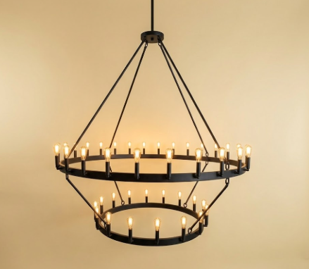 Large black  foyer entryway pendant light chandelier with multiple lights on a beige background