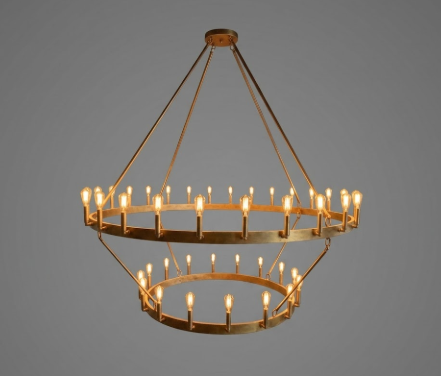 Gold 2 tier foyer entryway pendant light chandelier with multiple lights on a gray background