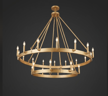Gold foyer entryway light chandelier with multiple lights on a dark background