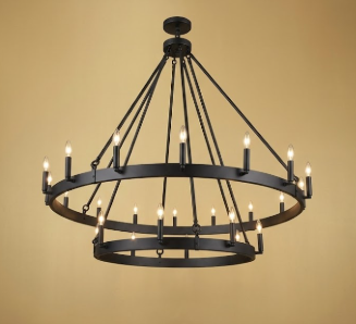 Black 2 tier foyer entryway light chandelier against a beige background