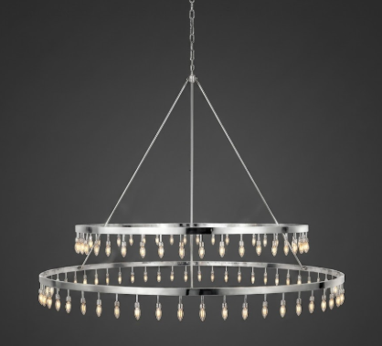 A foyer pendant light Chandelier with multiple rings and hanging lights on a dark background
