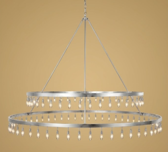  foyer entryway pendant light Chandelier with multiple rings and hanging crystals on a beige background