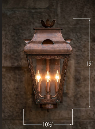 Custom Design - Rustic outdoor wall entryway light fixture with dimensions on a textured background
