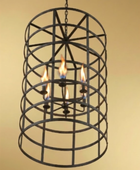 Decorative entryway foyer pendant  light chandelier with gas flames and a metal cage design on a beige background