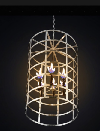 Decorative entryway foyer pendant  light chandelier with gas flames and a metal cage design on a black background