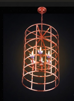 Decorative entryway foyer pendant  light chandelier with gas flames and a metal cage design on a black background