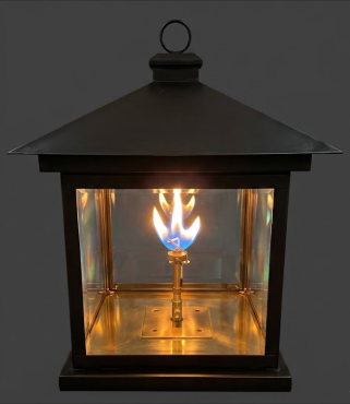 Black foyer entryway kitchen island pendant light with a flame inside on a gray background