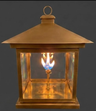 Bronze foyer entryway kitchen island pendant light with a flame inside on a gray background