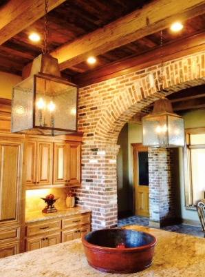 foyer kitchen island pendant light or chandelier  in a rustic wood and brick kitchen