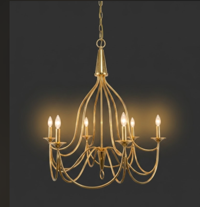 Gold Copper foyer entryway pendant light or chandelier with a grey background with six lights.