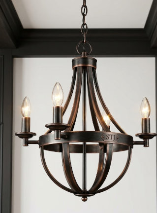 Decorative copper foyer entryway kitchen island pendant light or chandelier with four lights on a white background