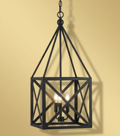 Black geometric foyer entryway kitchen island pendant light or chandelier fixture on a beige background