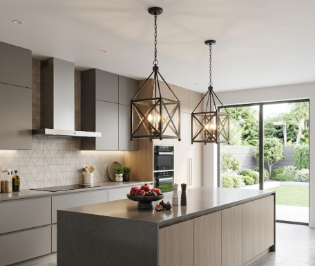 Modern kitchen with 2 foyer entryway kitchen island pendant lights or chandelier fixtures and view of garden