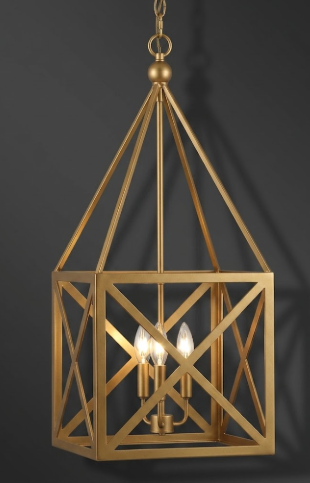 Gold geometric foyer entryway kitchen island pendant light or chandelier fixture on a dark background
