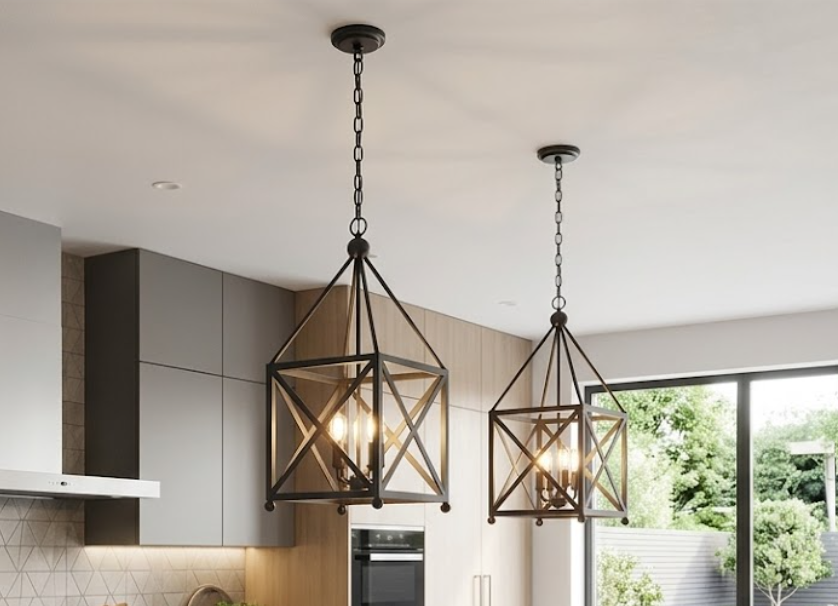 Two kitchen island pendant lights hanging in a modern kitchen with a view of greenery outside.
