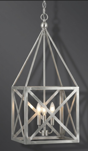 Decorative foyer entryway kitchen island pendant light or chandelier fixture  with metallic frame on a dark background