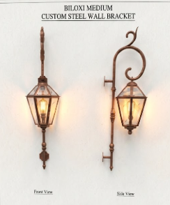 Custom design Biloxi copper entryway lantern Medium custom steel wall bracket with front and side views on a white background.