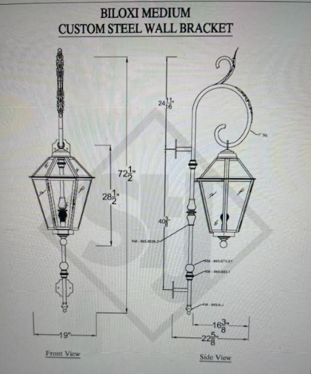 Technical drawing of a Biloxi Medium custom steel wall bracket with dimensions on 6/26.