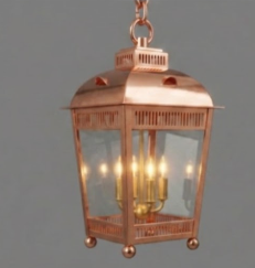 Decorative hanging pendant light lantern with glass panels on a gray background