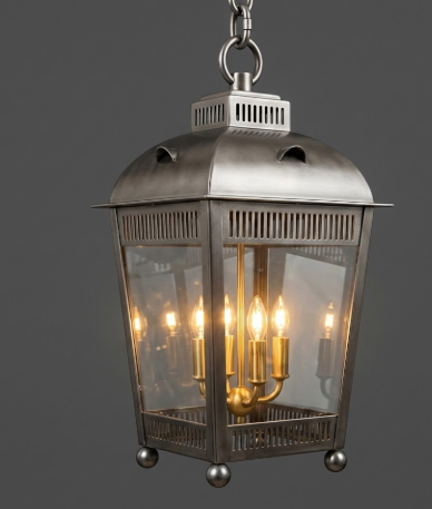 Decorative hanging pendant light lantern with glass panels on a gray background
