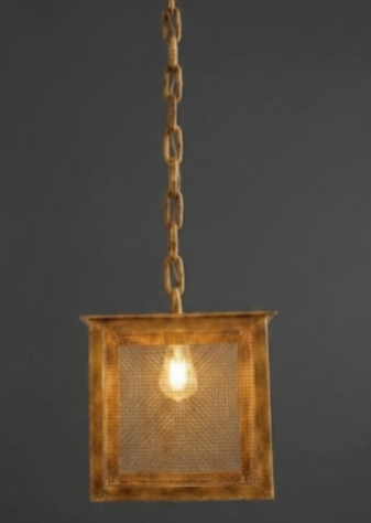 Vintage-style pendant light with rustic metal design on a dark background