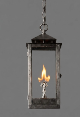Black lantern-style pendant llight fixture on a beige background