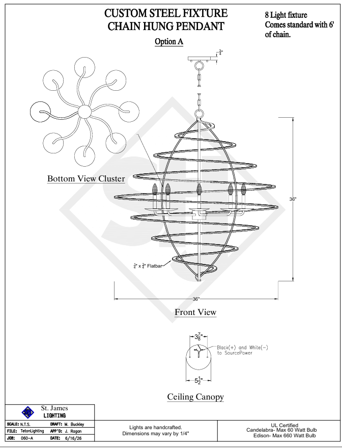 Technical specification sheet and assembly diagram for a custom steel fixture chain hung pendant light by St. James Lighting, showing front, bottom cluster, and ceiling canopy views with dimensions and specifications.