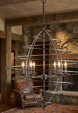 A large, multi-light spiral chandelier with a dark metal globe frame and candle-style bulbs, hanging in a rustic room with a stone fireplace and leather chair.