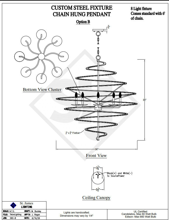 Technical line drawing of a custom steel fixture chain pendant chandelier, showing front view, bottom view cluster, and ceiling canopy with dimensions and notes on a white page.