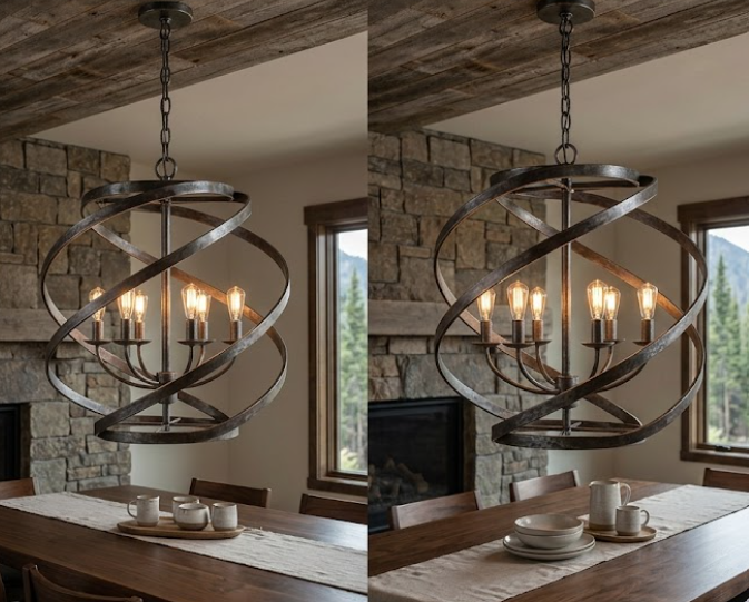 A large industrial-style chandelier with interlocking spherical metal rings and multiple exposed filament light bulbs, shown hanging in a rustic dining room with a stone fireplace, wooden ceiling, and dining table.