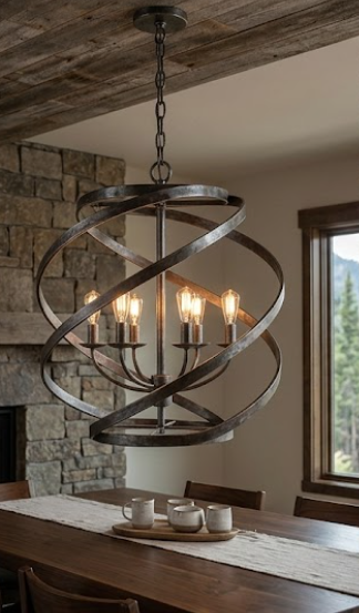 A rustic metal chandelier with interlocking spiral rings and six exposed filament light bulbs, hanging in a cabin dining room with a stone fireplace and wooden ceiling.